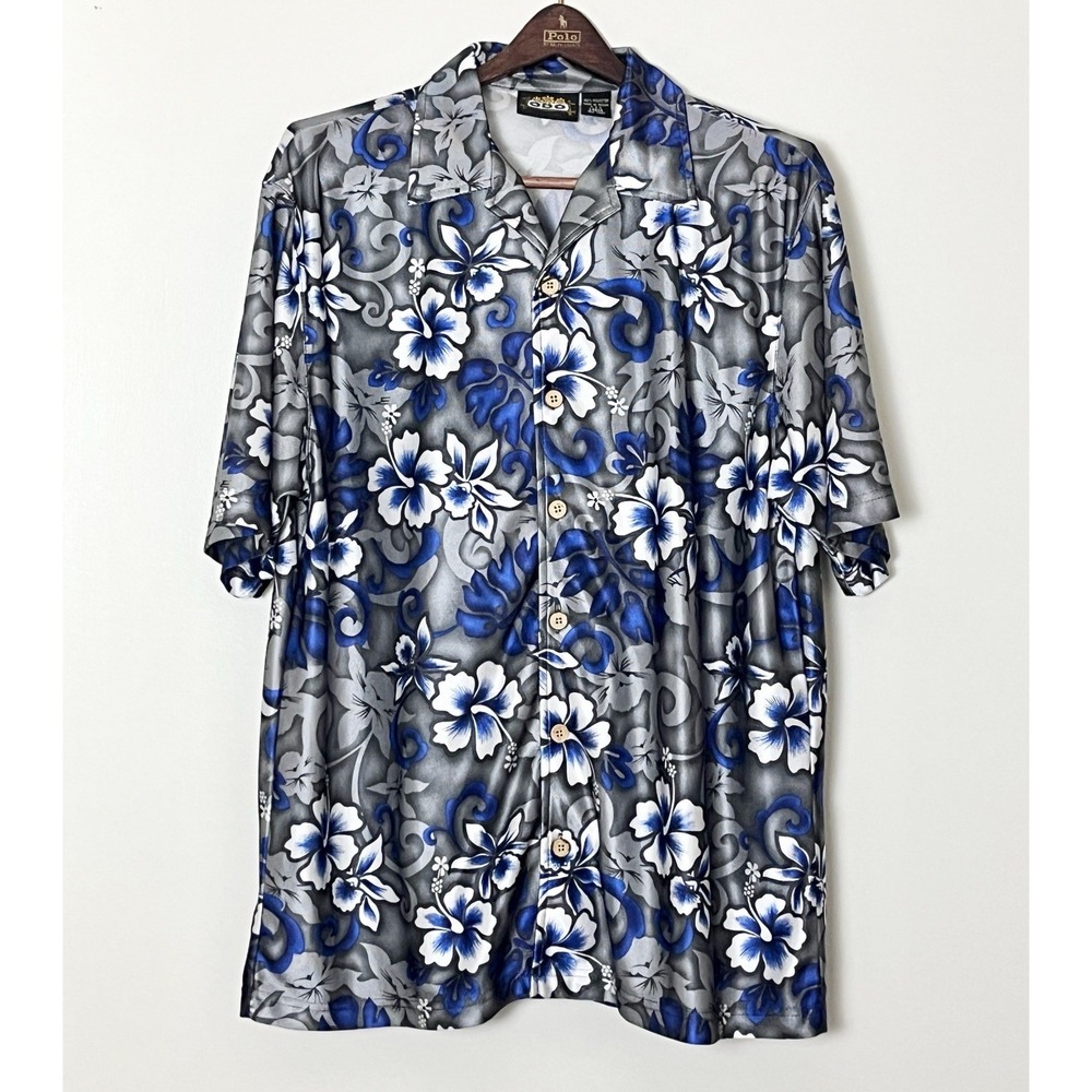 NWOT‎ Odo Hawaiian Shirt Men's Large Gray Blue Polyester Vacation Dadcore